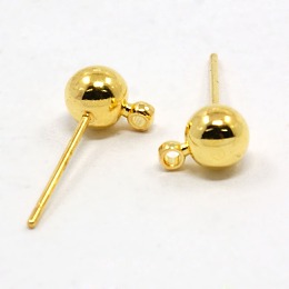 Honeyhandy Brass Ball Post Ear Studs, with Loop & 304 Stainless Steel Pins, Golden, 15.2~15.7x5mm, Hole: 1mm, Pin: 0.7mm