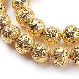 Honeyhandy Electroplated Natural Lava Rock Bead Strands, Round, Bumpy, Golden Plated, 12mm, Hole: 1.5mm, about 30pcs/strand, 15.35 inch(39cm)