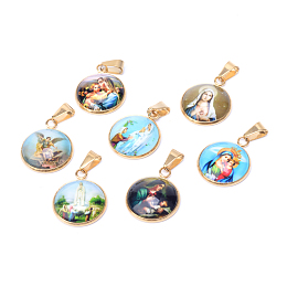 Honeyhandy Virgin Mary Theme Glass Pendants, with 201 Stainless Steel Findings, Flat Round, Golden, Mixed Color, 26.5x22x6.5mm, Hole: 6x4mm