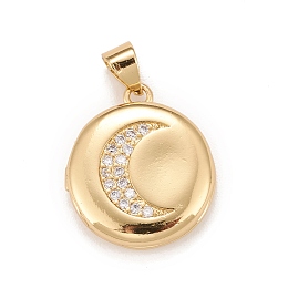 Honeyhandy Brass Micro Pave Cubic Zirconia Locket Pendants, Photo Frame Charms for Necklaces, Real 18K Gold Plated, Lead Free & Cadmium Free, Flat Round with Moon, Clear, 18.5x16x4.5mm, Hole: 4mm, Inner Diameter: 11mm