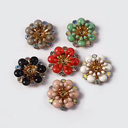 Flower Brass Rhinestone Enamel Cabochon Settings, Golden, Mixed Color, Tray: 4mm; 17.5x6mm, Hole: 1mm