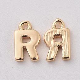 Honeyhandy Brass Charms, Letter, Nickel Free, Real 18K Gold Plated, Letter.R, 8x5x1.5mm, Hole: 0.8mm