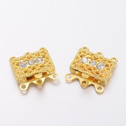 Golden Tone Brass Rhinestone Clasps, Filigree Box Clasps, about 18mm wide, 17mm long, 7mm thick; hole: 1.5mm