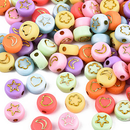 ARRICRAFT Opaque Mixed Color Acrylic Beads, Metal Enlaced, Flat Round with Golden Star & Flower & Moon & Heart, 7x4mm, Hole: 1.5mm, about 360pcs/50g