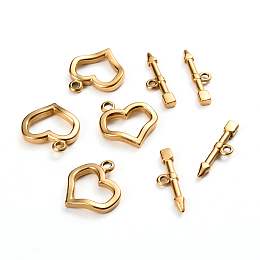 Honeyhandy Ion Plating(IP) 304 Stainless Steel Toggle Clasps, Heart & Arrow, Golden, Ring: 20x18x3mm, Hole: 2mm, Bar: 23.5x6.5x2.5mm, Hole: 1.8mm