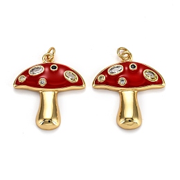 Honeyhandy Real 18K Gold Plated Brass Micro Pave Cubic Zirconia Pendants, with Enamel and Jump Rings, Long-Lasting Plated, Mushroom, Red, 28x25x3.5mm, Jump Ring: 5x1mm, 3mm Inner Diameter