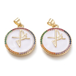 Honeyhandy Brass Micro Pave Cubic Zirconia Pendants, with Enamel, Real 18K Gold Plated, Flat  Round with Faith Cross, White, 23x20x2mm, Hole: 3x5.5mm