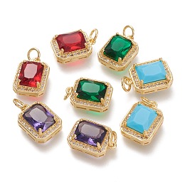 Honeyhandy Brass Glass Charms, with Micro Pave Clear Cubic Zirconia and Jump Ring, Rectangle, Real 18K Gold Plated, Mixed Color, 14.5x10.5x5mm, Hole: 3.4mm