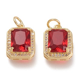 Honeyhandy Brass Glass Charms, with Micro Pave Clear Cubic Zirconia and Jump Ring, Rectangle, Real 18K Gold Plated, Red, 14.5x10.5x5mm, Hole: 3.4mm