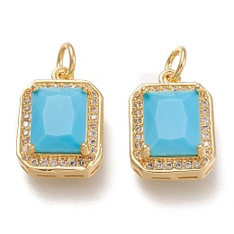 Honeyhandy Brass Glass Charms, with Micro Pave Clear Cubic Zirconia and Jump Ring, Rectangle, Real 18K Gold Plated, Deep Sky Blue, 14.5x10.5x5mm, Hole: 3.4mm