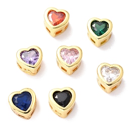 Honeyhandy Brass inlaid Cubic Zirconia Slide Charms, Real 18K Gold Plated, Heart, Mixed Color, 6.5x6.5x4mm, Hole: 0.8x2mm