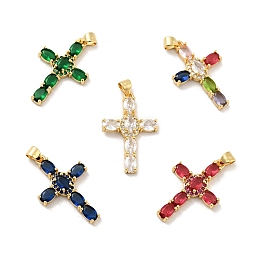 Honeyhandy Rack Plating Brass Micro Pave Cubic Zirconia Pendants, Long-Lasting Plated, Lead Free & Cadmium Free, Cross, Real 18K Gold Plated, Religion, Mixed Color, 29.5x19x3.5mm, Hole: 3.5x4mm