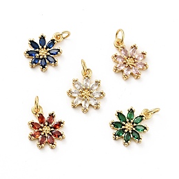 Honeyhandy Rack Plating Brass Micro Pave Cubic Zirconia Charms, Long-Lasting Plated, Lead Free & Cadmium Free, Real 18K Gold Plated, Flower, Mixed Color, 14.5x12x3mm, Hole: 3mm