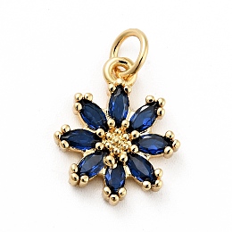 Honeyhandy Rack Plating Brass Micro Pave Cubic Zirconia Charms, Long-Lasting Plated, Lead Free & Cadmium Free, Real 18K Gold Plated, Flower, Prussian Blue, 14.5x12x3mm, Hole: 3mm