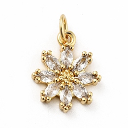 Honeyhandy Rack Plating Brass Micro Pave Cubic Zirconia Charms, Long-Lasting Plated, Lead Free & Cadmium Free, Real 18K Gold Plated, Flower, Clear, 14.5x12x3mm, Hole: 3mm