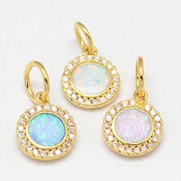 Honeyhandy Brass Micro Pave Cubic Zirconia Charms, with Synthetic Opal, Flat Round, Golden, 12x9.5x2mm, Hole: 4mm