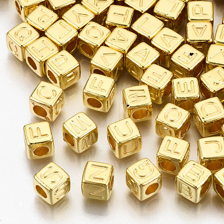 Honeyhandy CCB Plastic Beads, Horizontal Hole, Cube with Letter, Golden, 7x7x7mm, Hole: 3.5mm, about 2000pcs/500g