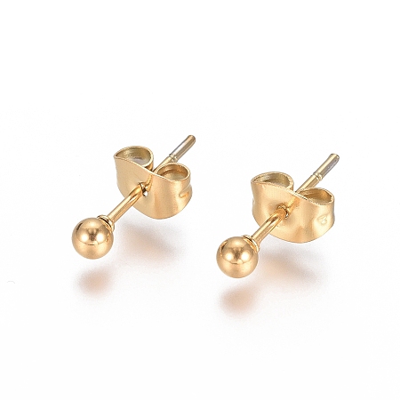 Honeyhandy Ion Plating(IP) 304 Stainless Steel Stud Earrings, Ball Stud Earrings, with Earring Backs, Golden, 14x3mm, Pin: 0.8mm