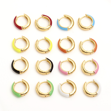 Honeyhandy Brass Enamel Huggie Hoop Earrings, Ring, Golden, Mixed Color, 14x3.5mm, Pin: 1mm
