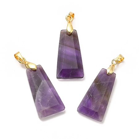 Honeyhandy Natural Amethyst Pendants, Faceted Trapezoid Charms, with Rack Plating Golden Tone Brass Findings, Cadmium Free & Lead Free, 25~26x12.5~13x3.5~4mm, Hole: 5x4mm