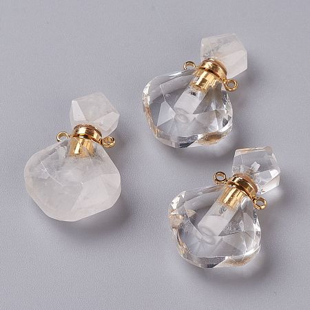 Honeyhandy Rhombus Natural Quartz Crystal Perfume Bottle Pendants, with 304 Stainless Steel Findings, Faceted, Golden, 26~27x17~17.5x8~8.5mm, Hole: 1.4mm, Capacity: about 2ml(0.06 fl. oz)