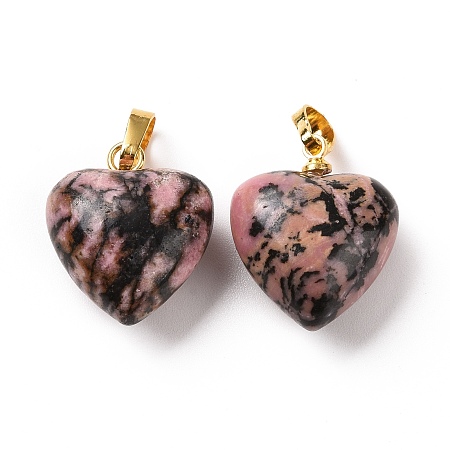 Honeyhandy Natural Rhodonite Pendants, with Golden Tone Brass Findings, Heart Charm, 18x15~15.5x9.5~10mm, Hole: 6x3mm