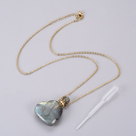 Honeyhandy Natural Labradorite Openable Perfume Bottle Pendant Necklaces, with Stainless Steel Cable Chain and Plastic Teardrop, Heart, 19.96 inch(50.7cm), Bottle Capacity: 0.15~0.3ml(0.005~0.01 fl. oz), 2mm