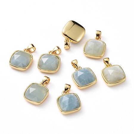 Honeyhandy Natural Aquamarine Charms, with Golden Plated Brass Findings, Faceted Square, 13~13.5x11x5.5~6.5mm, Hole: 3x4.5mm