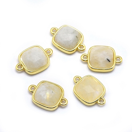 Honeyhandy Natural Rainbow Moonstone Links connectors, with Golden Tone Brass Findings, Square, Faceted, 16x11x5mm, Hole: 1.2mm