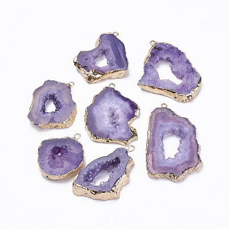 Honeyhandy Natural Druzy Agate Pendants, with Golden Tone Iron Findings, Dyed, Nuggets, Blue Violet, 20~60x13~50x4~8mm, Hole: 1~4mm