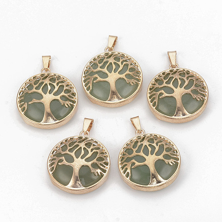 Honeyhandy Natural Green Aventurine Pendants, with Brass Findings, Flat Round with Tree of Life, Golden, 30.5x27x8mm, Hole: 7x3mm