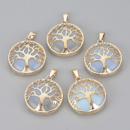Honeyhandy Opalite Pendants, with Brass Findings, Flat Round with Tree of Life, Golden, 30.5x27x8mm, Hole: 7x3mm