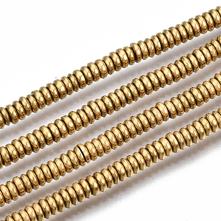 Honeyhandy Electroplate Non-magnetic Synthetic Hematite Beads Strands, Flat Round/Disc, Heishi Beads, Real 18K Gold Plated, 3x1mm, Hole: 1mm, about 328~341pcs/strand, 15.94 inch~16.54 inch(40.5cm~42cm)