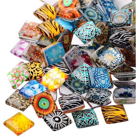 arricraft 200pcs Mosaic Printed Glass Cabochons 10mm Glass Square Flat Cabochon Beads for Crafting DIY Jewelry Making