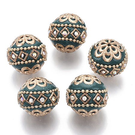Honeyhandy Handmade Indonesia Beads, with Metal Findings, Round, Light Gold, Teal, 19.5x19mm, Hole: 1mm