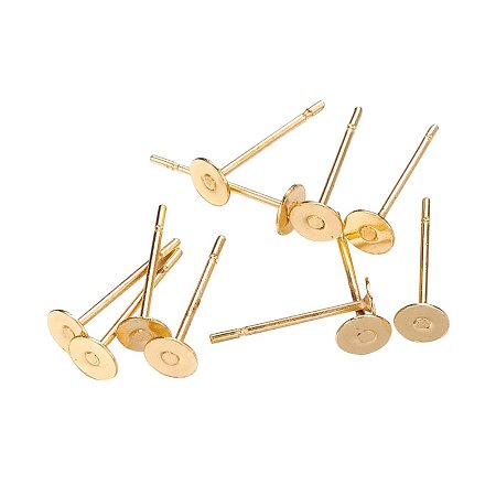 NBEADS 1000 Pcs Ear Stud Components, Lead Free and Cadmium Free, Brass Heads and Stainless Steel Pins, Golden, Size: about 12mm long, 0.6mm thick; Head: about 4mm in diameter