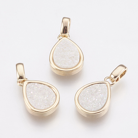 Honeyhandy Natural Druzy Agate Pendants, with Brass Finding, teardrop, Golden, Ghost White, 14.5x10x3~4mm, Hole: 2x2.5mm