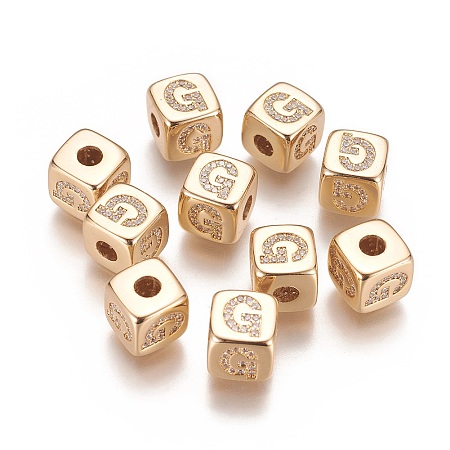 Honeyhandy Brass Micro Pave Cubic Zirconia Beads, Horizontal Hole, Real 18K Gold Plated, Long-Lasting Plated, Cube with Letter, Clear, Letter.G, 9x9x9mm, Hole: 3.5mm