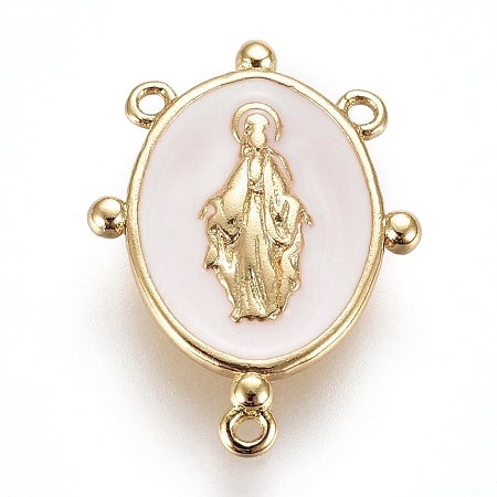 Honeyhandy Golden Plated Brass Chandelier Component Links, with Enamel, Oval with Virgin Mary, White, 17.5x13x2mm, Hole: 0.8mm