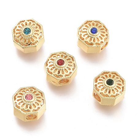 Honeyhandy Brass Micro Pave Cubic Zirconia Beads, Hexagon with Flower, Real 18K Gold Plated, Mixed Color, 9.3x9.5x7mm, Hole: 2.7mm