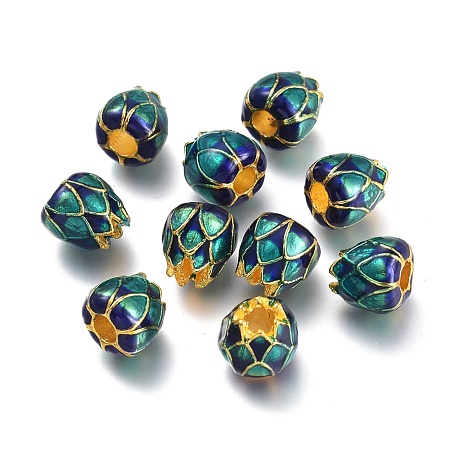 Honeyhandy Golden Plated Alloy European Beads, Large Hole Beads, with Enamel, Lotus, Dark Cyan, 9x8.5mm, Hole: 3.5mm