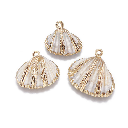 Electroplate Shell Pendants, with Brass Findings, Shell, Golden, Golden, 15~25x16~30x8~11mm, Hole: 2mm