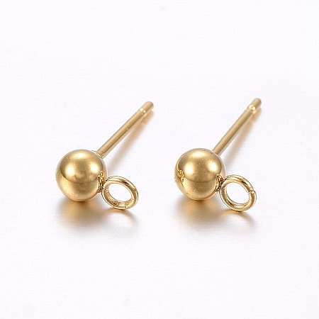 Honeyhandy 304 Stainless Steel Ball Stud Earring Findings, with Loop, Round, Golden, 15x4mm, Hole: 1.8mm
