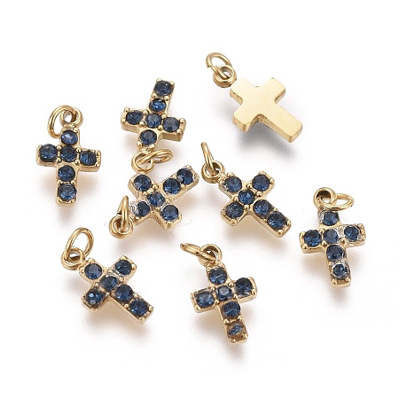 Honeyhandy 316 Surgical Stainless Steel Tiny Cross Charms, with Rhinestone and Jump Rings, Golden, Sapphire, 8.5x5x1.5mm, Hole: 1.6mm