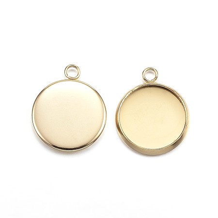 Vacuum Plating 304 Stainless Steel Pendant Cabochon Settings, Plain Edge Bezel Cups, Flat Round, Golden, Tray: 12mm; 17x14x2mm, Hole: 2mm