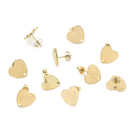 Honeyhandy Ion Plating(IP) 304 Stainless Steel Stud Earring Findings, with Ear Nuts, Textured Heart, Real 18K Gold Plated, 12x13mm, Hole: 1.5mm, Pin: 0.7mm