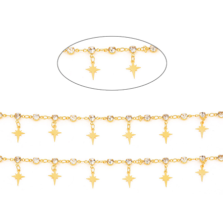 Arricraft Handmade Brass Link Chains, with Glass Rhinestone & Brass Charms, Soldered, Long-Lasting Plated, Shining Star, Clear, Real 18K Gold Plated, 9x4x3.2mm