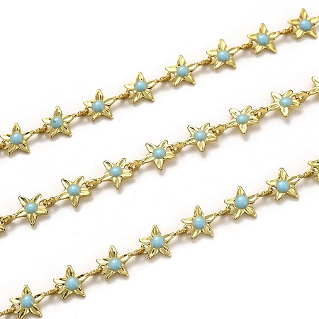 ARRICRAFT Brass Link Chains, with Enamel, Long-Lasting Plated, Unwelded, Star, Golden, Pale Turquoise, Link: 9x6.1x1.5mm