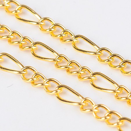Honeyhandy Iron Handmade Chains Figaro Chains Mother-Son Chains, Unwelded, Golden, with Spool, Mother Link: 3x7mm, 1mm thick,  Son Link: 2.5x4mm, 0.63mm thick