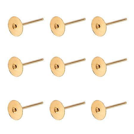 NBEADS 100pcs Iron 6mm Flat Pad Blank Peg & Post Ear Studs Findings, Golden Color Post Earring Ear Nail for DIY Earring Making Findings